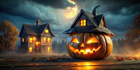 Poster - Spooky Halloween pumpkin house with glowing eyes and mouth , Halloween, pumpkin, house, spooky, fall, autumn