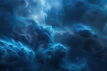 Wall Mural - vast cosmic landscape of swirling blue nebula distant stars sparkle against ethereal clouds digital rendering blends scientific accuracy with artistic beauty