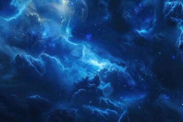 Wall Mural - vast cosmic landscape of swirling blue nebula distant stars sparkle against ethereal clouds digital rendering blends scientific accuracy with artistic beauty