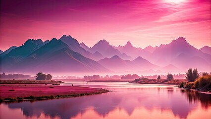 Canvas Print - Pinky colored landscape featuring mountains and river, landscape, pink,mountains, river, nature, scenic, colorful, serene, peaceful