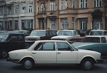 Wall Mural - used parked stand day cars parking street car lot city many white park vehicle urban traffic transportation automobile transport auto motor asphalt red black background business