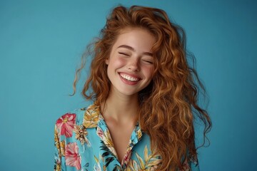 isolated on a blue color background, a photo of a tricky lovely girl wearing a glamour shirt winking