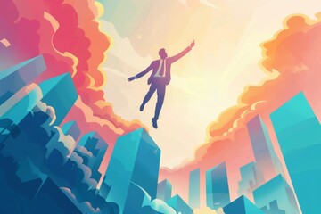 Wall Mural - Conceptual illustration of a successful businessman reaching new heights.