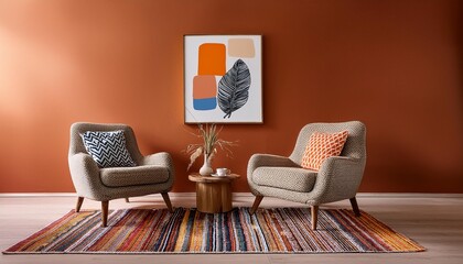 Two armchairs in room with terra cotta wall and colorful rug interior design of modern living room