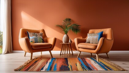 Two armchairs in room with terra cotta wall and colorful rug interior design of modern living room