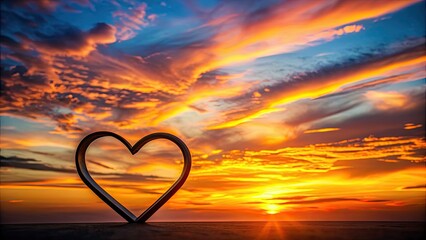 Sticker - Silhouette of a heart shape in the colorful sunset sky , love, romance, passion, sunset, sky, clouds, dusk, silhouette, nature