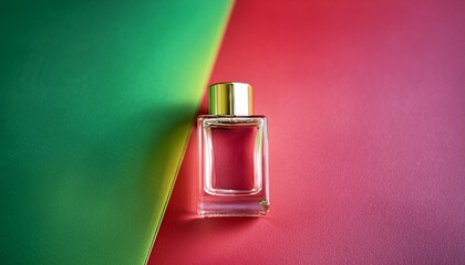 Homemade perfume in a glass bottle green red and pink background