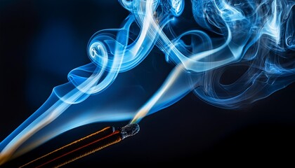 Wall Mural - A macro detail image of incense smoke lit by a blue flash very detailed and realistic shape