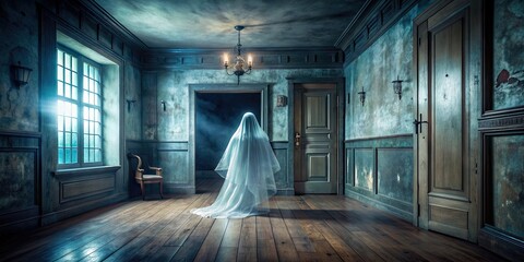 Canvas Print - Haunted house interior with a spooky ghost, haunted, ghost, supernatural, scary, haunted house, eerie, creepy