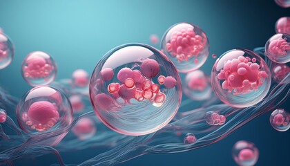 Wall Mural - Abstract image of pink cells in transparent spheres, floating on a blue background.