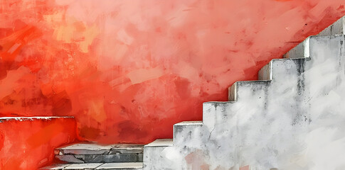 Canvas Print - Abstract Illustration of Red Wall and Grey Stairs