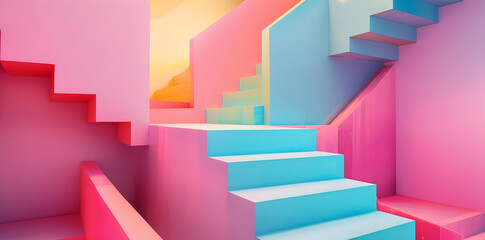 Wall Mural - Abstract Stairway with Pink and Blue Walls - Illustration