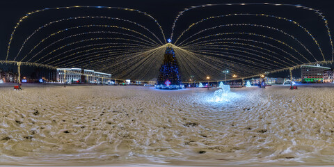 Wall Mural - night full 360 panorama on square with christmas tree with illumination in form of tent on new year 