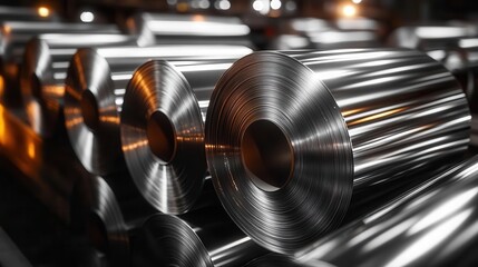 massive rolls of shiny aluminum in an industrial warehouse towering cylinders reflect ambient light creating a metallic landscape sense of scale and raw material power in manufacturing setting