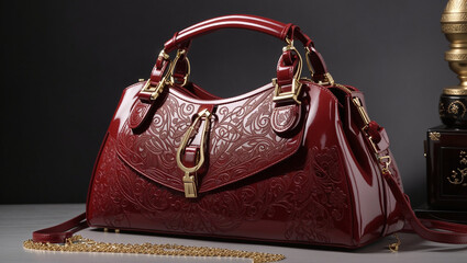 It's a red leather handbag with a gold chain strap and intricate floral desig