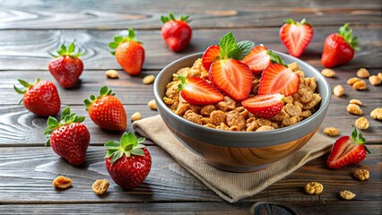 Wall Mural - Bowl of crunchy cereal with fresh strawberries , breakfast, healthy, delicious, food, morning, meal, snack, granola, fruity, yogurt