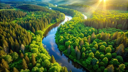 Wall Mural - Aerial view of a lush green forest with river winding through, sunlight filtering through the trees, nature, beauty, landscape, aerial