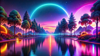 Sticker - Bright and vibrant neon colors illuminating a picturesque landscape, neon, background, vibrant, colorful, lights