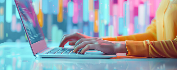 Woman with her laptop in the office and working. Concept of the workplace and business.