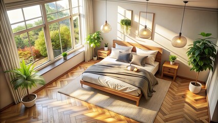 Sticker - Top view of a cozy bedroom flooded with sunlight , cozy, bedroom, sunlight, top view, interior, home, relaxation, comfort