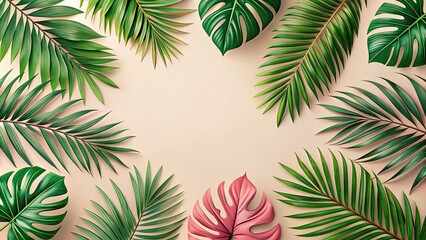 Wall Mural - Tropical leaves in pink and green on a beige background, perfect for summer decor or stationery design, tropical, leaves, pink