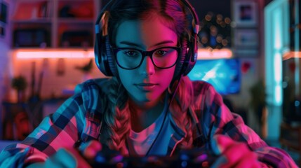 Young Woman Gamer Focused on Playing Video Games