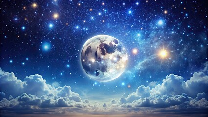 Wall Mural - beautiful night sky with a bright full moon surrounded by twinkling stars, moon, stars, night sky, a