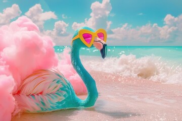 vibrant teal flamingo sporting neon yellow heartshaped sunglasses lounging on a pastel pink beach with swirling cotton candy clouds and glittering turquoise waves