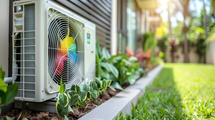 Outdoor air conditioning unit with a colorful fan surrounded by lush green plants and manicured garden on a sunny day.