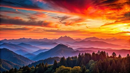 Sticker - Scenic sunset over the mountains with orange and pink hues , sunset, mountains, landscape, sky, clouds, sunlight