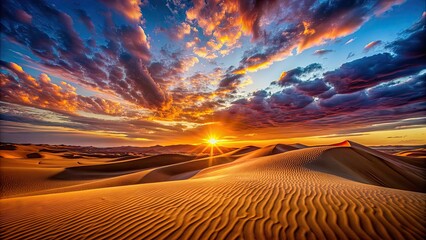 Canvas Print - Vibrant sunset over sand dunes in the desert, sunset, desert, sand, dunes, landscape, colors, vibrant, evening, nature