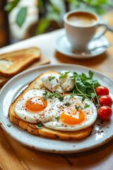 A white plate topped with two fried eggs on toast next to a cup of coffee