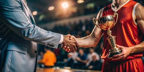 A basketball player receives a prestigious golden trophy from a distinguished official, marking a momentous win inside a crowded and energetic arena.