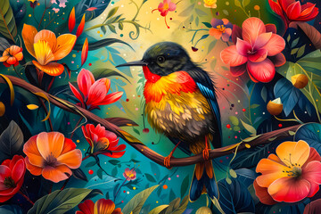 Poster - A colorful bird sitting on a branch surrounded by flowers