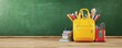 © Phisan - Yellow backpack full of school supplies in front of a chalkboard.