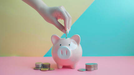 A dainty hand places a coin into a baby pink piggy bank, representing savings and financial goals against a vibrant, colorful background.