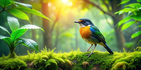 Canvas Print - A beautiful bird surrounded by lush greenery in the forest, bird, nature, wildlife, feathers, trees, leaves, peaceful, tranquil