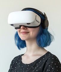 A smiling young woman wearing a VR headset isolated on white background, a fictional human with blue hair