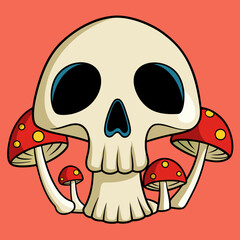 Sticker - Halloween Mushroom With Cartoon Skulls vector illustration