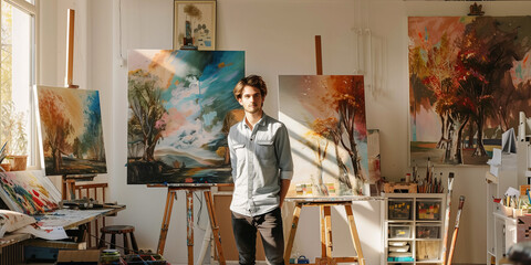 Portrait of a young male artist in his sunlit art studio, surrounded with art supplies and unfinished paintings.