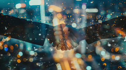 A close-up of two hands shaking, with a dynamic city background of bokeh lights, representing agreements and collaborative efforts in a bustling environment.