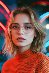 Poster - A woman wearing a red sweater and glasses.