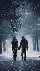 Sticker - Silhouette of a couple holding hands in the snow.