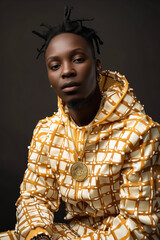 Sticker - A woman with dreadlocks wearing a yellow and white patterned jacket