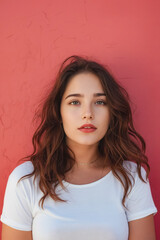 Wall Mural - A woman with long brown hair wearing a white shirt