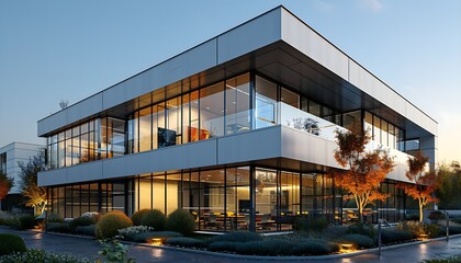 Minimalist Industrial Office Building with Two Stories and Modern Glass Accents