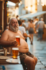 Poster - A fat man sitting at a table with a glass of beer.