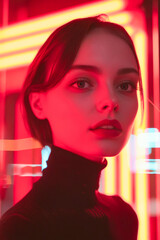 Wall Mural - A woman in a black turtle neck sweater standing in front of a neon sign.