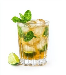 Fresh green limes, mint, and ice cubes for a mojito cocktail, isolated on a transparent background