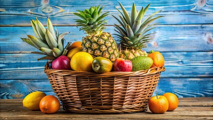 Poster - A colorful basket filled with various fruits, including multiple pineapples, basket, fruit, pineapple, tropical, fresh